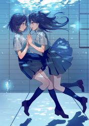 Rule 34 | 2girls, :d, absurdres, air bubble, bad id, bad pixiv id, black footwear, black hair, black skirt, black socks, blue theme, blush, breast pocket, bubble, clothed bath, collared shirt, eye contact, from side, full body, highres, holding, holding hands, holding weapon, interlocked fingers, kneehighs, loafers, long hair, looking at another, medium skirt, multiple girls, open mouth, original, parted lips, pleated skirt, pocket, pool, pool ladder, profile, red eyes, round teeth, shirt, shoes, short hair, short sleeves, skirt, smile, socks, submerged, tareme, teeth, underwater, water, weapon, white shirt, wing collar, yuri, zhibuji loom