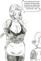 Rule 34 | after fight, android 18, bald, blush, breasts, cleavage, couple, covered erect nipples, dragon ball, dragonball z, english text, excited, grin, height difference, highres, huge breasts, kuririn, looking at another, monochrome, muscular, muscular male, sexually suggestive, smile, speech bubble, sweat, tagme, tempting, thick thighs, thighs, torn clothes