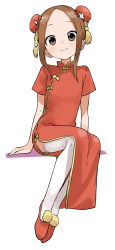 Rule 34 | 1girl, absurdres, arm support, bow, brown eyes, brown hair, bun cover, china dress, chinese clothes, closed mouth, colored shadow, commentary request, double bun, dress, forehead, full body, hair bun, highres, karakai jouzu no takagi-san, looking at viewer, official art, parted bangs, pelvic curtain, red dress, red footwear, shadow, shoes, short sleeves, sidelocks, simple background, sitting, smile, solo, takagi-san, thighhighs, white background, white thighhighs, yamamoto souichirou, yellow bow