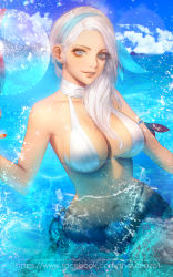 Rule 34 | 1girl, armband, blue hairband, breasts, character request, cloud, collarbone, copyright request, day, earrings, hairband, halterneck, highres, jewelry, large breasts, lips, long hair, looking at viewer, makeup, mole, mole on breast, mole under eye, nail polish, navel, ocean, partially submerged, sky, smile, solo, splashing, swimsuit, thaumazo, water, white eyes, white hair