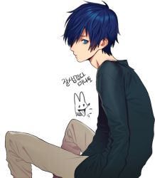 Rule 34 | 1boy, bad id, bad pixiv id, blue eyes, blue hair, casual, korean text, male focus, matching hair/eyes, persona, persona 3, rod (rod4817), short hair, simple background, solo, white background, yuuki makoto (persona 3)