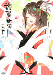 Rule 34 | 1girl, ;d, bird, blush, chicken, chinese zodiac, chita (ketchup), hair between eyes, hair ornament, hairclip, happy new year, highres, holding, japanese clothes, kanzashi, kimono, long hair, looking at viewer, new year, one eye closed, open mouth, original, ponytail, red kimono, signature, smile, solo, teeth, twitter username, year of the rooster
