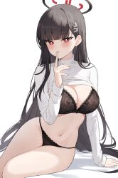 Rule 34 | 1girl, black bra, black hair, black panties, blue archive, blunt bangs, blush, bra, breasts, clothes lift, halo, highres, karacak, lace, lace-trimmed bra, lace trim, large breasts, leaning to the side, long hair, navel, panties, parted lips, red eyes, revision, rio (blue archive), simple background, sitting, solo, stomach, sweater, sweater lift, thighs, turtleneck, turtleneck sweater, underwear, very long hair, white background, white sweater