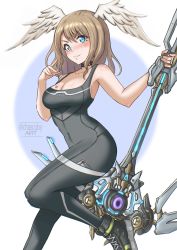 Rule 34 | 1girl, black bodysuit, blonde hair, blue eyes, bodysuit, breast tattoo, breasts, chascoby, cleavage, eunie (xenoblade), head wings, highres, holding, holding weapon, large breasts, long hair, looking at viewer, simple background, solo, tattoo, weapon, white wings, wings, xenoblade chronicles (series), xenoblade chronicles 3