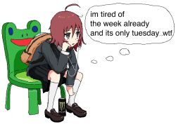 Rule 34 | 1girl, ahoge, aiu404l, arm support, backpack, bag, black skirt, blush stickers, brown footwear, chair, english text, froggy chair, grey jacket, highres, jacket, leaning forward, loafers, long sleeves, miniskirt, monster energy, nintendo, original, parted lips, red eyes, red hair, shoes, sitting, skirt, socks, solo, white socks