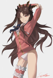 Rule 34 | 1girl, absurdres, arms behind head, arms up, blue ribbon, brown hair, casual one-piece swimsuit, fate/grand order, fate (series), floating hair, grey background, grin, groin, highres, ishtar (fate), ishtar (swimsuit rider) (fate), jacket, long hair, long sleeves, looking at viewer, one-piece swimsuit, one eye closed, partially unzipped, pink jacket, red eyes, ribbon, sears (xmzk3288), signature, simple background, smile, solo, standing, swimsuit, very long hair, white one-piece swimsuit
