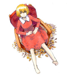 Rule 34 | 1girl, aki shizuha, autumn leaves, bad id, bad pixiv id, barefoot, blonde hair, chair, dress, from above, full body, graphite (medium), hair ornament, hands on lap, leaf, leaf hair ornament, looking at viewer, marker (medium), red dress, shiratama (hockey), shirodama, short hair, simple background, sitting, smile, solo, touhou, traditional media, white background, yellow eyes