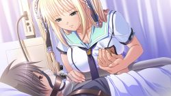 Rule 34 | bed, blonde hair, grabbing another&#039;s breast, breasts, cleavage, grabbing, green eyes, guided breast grab, guiding hand, hospital, kyonyuu majo, large breasts, necktie, school uniform, tears, tenma cecile, twintails