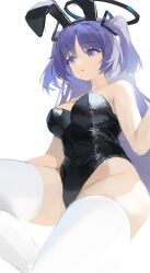 Rule 34 | 1girl, animal ears, black leotard, blue archive, blush, breasts, fake animal ears, halo, highres, large breasts, leotard, long hair, mechanical halo, meinoss, open mouth, purple eyes, purple hair, rabbit ears, simple background, solo, strapless, strapless leotard, thighhighs, two side up, white background, white thighhighs, yuuka (blue archive)