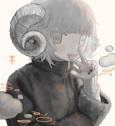 Rule 34 | 1girl, :&lt;, black jacket, black nails, blunt bangs, blush, commentary request, curled horns, giv 81, goat horns, grey eyes, grey hair, hand up, highres, horizontal pupils, horns, ibispaint (medium), jacket, layered sleeves, long sleeves, looking at viewer, open mouth, original, short hair, simple background, smile, solo, translation request, upper body, w, w over mouth, zipper
