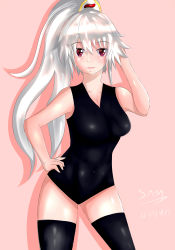 Rule 34 | 1girl, absurdres, artist name, black one-piece swimsuit, black thighhighs, dated, expressionless, hand in own hair, hand on own hip, highres, looking at viewer, one-piece swimsuit, original, pink background, ponytail, red eyes, samhnt, self-upload, shadow, simple background, smile, solo, swimsuit, thighhighs, white hair