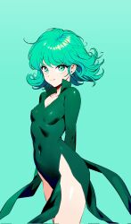 Rule 34 | arms behind back, black dress, breasts, collar, corrupted twitter file, covered erect nipples, covered navel, curly hair, dress, flipped hair, green eyes, green hair, highres, looking at viewer, mr tangsuyuk, one-punch man, petite, psychic, shiny skin, short hair, side slit, simple background, skin tight, small breasts, tatsumaki, tight clothes