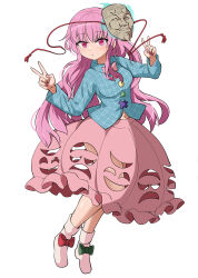 Rule 34 | 1girl, aqua shirt, bow, bowtie, bubble skirt, chups, circle, closed mouth, commentary, double v, footwear bow, green bow, hata no kokoro, highres, long hair, long sleeves, looking at viewer, mask, mask on head, pink bow, pink bowtie, pink eyes, pink hair, plaid, plaid shirt, red bow, shirt, simple background, skirt, solo, touhou, triangle, v, white background, white footwear, x