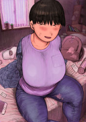 Rule 34 | 1girl, backpack, bag, black eyes, black hair, blush, breasts, cellphone, condom, condom wrapper, curtains, denim, hat, highres, huge breasts, indoors, jimiko, lamp, large breasts, looking at viewer, mob face, on bed, original, phone, pink fehe rin, plant, plump, pocket, potted plant, purple shirt, shelf, shirt, sitting, solo, stuffed toy, sweatdrop, undressing, unworn backpack, unworn bag, unworn hat, unworn headwear