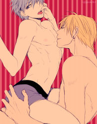Rule 34 | 2boys, adam&#039;s apple, arched back, ass, ass grab, bad id, bad pixiv id, blonde hair, blue eyes, blue hair, boxer briefs, closed eyes, earrings, finger in own mouth, hair over one eye, jewelry, kise ryouta, kiss, kuroko no basuke, kuroko tetsuya, looking at viewer, male focus, male underwear, mashima shima, multiple boys, nipples, nude, shima (alco), short hair, simple background, sketch, straddling, striped, striped background, toned, tongue, tongue out, underwear, underwear only, upright straddle, vertical stripes, yaoi