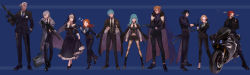 Rule 34 | 4girls, 6+boys, absurdres, alternate costume, annette fantine dominic, ashe ubert, belt, beret, black gloves, black hair, black vest, blazer, blonde hair, blue background, blue bow, blue eyes, blue gloves, blue hair, bow, briefcase, byleth (female) (fire emblem), byleth (fire emblem), byleth (male) (fire emblem), cape, cigarette, cleavage cutout, closed eyes, clothing cutout, collared shirt, cross, dedue molinaro, dimitri alexandre blaiddyd, dress, felix hugo fraldarius, fingerless gloves, fire emblem, fire emblem: three houses, formal, frilled dress, frills, full body, glasses, gloves, grey eyes, grey hair, gun, hair between eyes, handgun, hat, highres, holding, holding clothes, holding dress, holding gun, holding weapon, ingrid brandl galatea, jacket, jacket on shoulders, long sleeves, looking at viewer, mercedes von martritz, motor vehicle, motorcycle, multiple boys, multiple girls, musical note, necktie, nintendo, orange hair, pants, pantyhose, pistol, pleated dress, pointer, ponytail, red eyes, red hair, rifle, scope, semi-automatic firearm, sheath, sheathed, shirt, short hair, short shorts, short sleeves, shorts, sidelocks, simple background, sitting, skirt, smoke, smoking, sniper rifle, standing, suit, sunglasses, suppressor, sword, sylvain jose gautier, twintails, two-handed, veil, vest, weapon, whip, white shirt, wide sleeves
