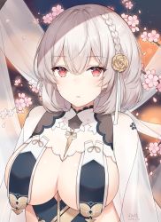 Rule 34 | 1girl, ayuanlv, azur lane, blush, braid, branch, breast curtains, breasts, cherry blossoms, cleavage, dated, dress, flower, french braid, hair between eyes, hair flower, hair ornament, highres, large breasts, looking at viewer, open mouth, parted lips, petals, pink flower, red eyes, revealing clothes, rose, short hair, side braid, signature, silver hair, sirius (azur lane), sirius (azure horizons) (azur lane), solo, upper body, yellow flower