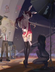 Rule 34 | 1boy, 2girls, alternate costume, animal ears, applying makeup, arms behind back, ass, back, backless leotard, bad id, bad pixiv id, bare shoulders, black footwear, black hair, black legwear, black pants, black shirt, blonde hair, brown hair, brown pants, cable, cellphone, collared shirt, covering privates, covering ass, d.va (overwatch), eyebrows, facial mark, fake animal ears, formal, from behind, from below, grey eyes, hair ornament, halterneck, high heels, highres, holding, holding phone, indoors, junkrat (overwatch), leotard, light particles, long hair, looking at viewer, looking away, looking back, makeup brush, monitor, multicolored hair, multiple girls, necktie, overwatch, overwatch 1, pants, phone, playboy bunny, pointing, poster (object), rabbit (tukenitian), rabbit ears, rabbit hair ornament, rabbit tail, red leotard, red necktie, shiny skin, shirt, shoes, smartphone, squatting, standing, star (symbol), stiletto heels, suit, swept bangs, tail, thighhighs, two-tone hair, whisker markings, white shirt