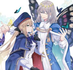Rule 34 | 1boy, 1girl, artoria caster (fate), artoria caster (second ascension) (fate), artoria pendragon (fate), beret, black gloves, blonde hair, blue cape, blue eyes, bow, bug, butterfly, butterfly on nose, butterfly wings, cape, crown, fate/grand order, fate (series), gloves, green eyes, grey hair, hat, highres, insect, insect wings, long hair, nigiri, oberon (fate), one eye closed, wings