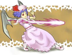 Rule 34 | 1girl, arc system works, blue hair, bow, command input, guilty gear, hat, punching, red eyes, remilia scarlet, short hair, slayer (guilty gear), spear the gungnir, touhou, wings
