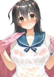 Rule 34 | 10s, 1girl, ahoge, b-ginga, black hair, blush, bra, breasts, brown eyes, kantai collection, large breasts, long hair, looking at viewer, neck ribbon, ribbon, school uniform, see-through, serafuku, simple background, smile, solo, underwear, ushio (kancolle), wet, wet clothes, white background