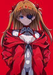 Rule 34 | 1girl, absurdres, bad id, bad pixiv id, blue eyes, bodysuit, brown hair, closed mouth, evangelion: 3.0+1.0 thrice upon a time, expressionless, eyepatch, hair between eyes, hair ornament, hands in pockets, highres, interface headset, jacket, long hair, looking at viewer, neon genesis evangelion, off shoulder, pension z, plugsuit, rebuild of evangelion, red background, red jacket, shiny clothes, simple background, skin tight, solo, souryuu asuka langley, standing, thick outlines, twintails, upper body, white bodysuit