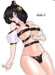 Rule 34 | 1girl, alternate breast size, artist request, bare shoulders, belt, belt bra, bikini, black bikini, black hair, black hat, breasts, cleavage, collarbone, commission, detached sleeves, elsword, eve (elsword), facial mark, groin, hair ornament, hat, highres, long hair, looking at viewer, lying, medium breasts, mini hat, mini top hat, navel, on back, orange eyes, parted lips, second-party source, see-through, see-through sleeves, skindentation, solo, stomach, string bikini, swimsuit, thighs, top hat