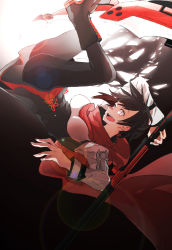 Rule 34 | 1girl, ass, black hair, black pantyhose, boots, breasts, cape, esu (transc), grey eyes, lens flare, looking at viewer, open mouth, pantyhose, ruby rose, rwby, scythe, short hair, skirt, smile, solo, upside-down, weapon