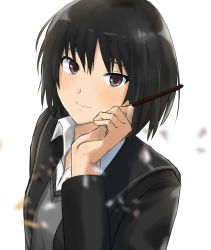 Rule 34 | 1girl, amagami, black cardigan, black hair, black sailor collar, blouse, blurry, blurry foreground, brown eyes, candy, cardigan, commentary, dress shirt, food, grey sweater vest, highres, holding, holding candy, holding food, kibito high school uniform, light blush, light smile, looking at viewer, nanasaki ai, pocky, sailor collar, school uniform, shirt, short hair, simple background, smile, solo, sweater vest, upper body, white background, white shirt, yoo tenchi
