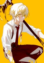 Rule 34 | 1boy, black necktie, black pants, blending, blonde hair, closed mouth, collared shirt, fructoseies, highres, id card, limbus company, long sleeves, looking at viewer, necktie, pants, project moon, shirt, short hair, sinclair (project moon), sitting, solo, suspenders, white shirt, yellow blood, yellow eyes, yellow theme