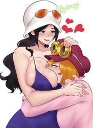 Rule 34 | 2girls, blonde hair, blue eyes, blush, breasts, clothes, goggles, goggles on headwear, green eyes, hat, heart, highres, hug, huge breasts, koala (one piece), looking at viewer, multiple girls, nico robin, nyabeyo, one piece, open mouth, smile, sunglasses, sunglasses on hat, sweat, yuri