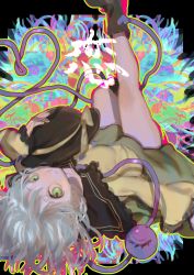 Rule 34 | 1girl, absurdres, black footwear, black hat, bow, breasts, closed mouth, collared shirt, colorful, eyeball, frilled shirt collar, frills, green eyes, green skirt, hair spread out, hat, hat bow, hat ribbon, heart, heart of string, highres, kanji, knee up, komeiji koishi, leg up, letterboxed, long sleeves, lying, multicolored background, on back, one-hour drawing challenge, out of frame, outside border, outstretched leg, ribbon, shirt, short hair, silver hair, sketch, skirt, small breasts, smile, solo, string, third eye, touhou, translated, unworn hat, unworn headwear, upside-down, wide sleeves, yamazaki tsukune, yellow bow, yellow ribbon, yellow shirt