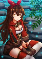 Rule 34 | 1girl, amber (genshin impact), black shorts, boots, breasts, brown gloves, brown hair, cleavage, genshin impact, gloves, hair between eyes, hair ribbon, highres, kazenokaze, knee boots, long hair, long sleeves, looking at viewer, medium breasts, orange eyes, pond, pouch, red shirt, red thighhighs, ribbon, rock, shirt, short shorts, shorts, sitting, smile, solo, thighhighs, thighs, underbust, water, white footwear