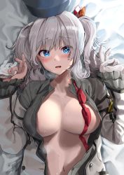 Rule 34 | 1girl, bed, bed sheet, blue eyes, blush, breasts, double v, gloves, hat, heart, heart-shaped pupils, highres, jacket, kantai collection, kashima (kancolle), large breasts, long hair, lying, military, military uniform, neckerchief, noeru, on back, open clothes, open jacket, open mouth, red neckwear, silver hair, solo, sweat, symbol-shaped pupils, twintails, undone neckerchief, uniform, unworn gloves, unworn hat, unworn headwear, v, white gloves