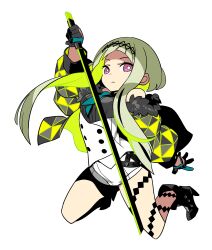 Rule 34 | 1girl, bare shoulders, black footwear, black gloves, blue necktie, boots, colored inner hair, etrian odyssey, expressionless, full body, fur-trimmed jacket, fur trim, gloves, green hair, high heel boots, high heels, highres, himukai yuuji, holding, holding sword, holding weapon, jacket, kneeling, long hair, looking at viewer, multicolored hair, necktie, off shoulder, official art, open clothes, open jacket, pink eyes, ringo (soul hackers 2), second-party source, sekaiju no meikyuu hd, shirt, shorts, sleeveless, sleeveless shirt, solo, soul hackers, soul hackers 2, sword, weapon