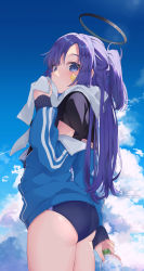 Rule 34 | 1girl, absurdres, ass, black shirt, blue archive, blue sky, blush, bottle, buruma, cloud, halo, highres, holding, holding bottle, jacket, jacket partially removed, looking at viewer, purple eyes, purple hair, shirt, sideways glance, sky, solo, star sticker, sticker on face, sweatdrop, towel, track jacket, water bottle, white towel, yuuka (blue archive), yuuka (track) (blue archive), ziuuun