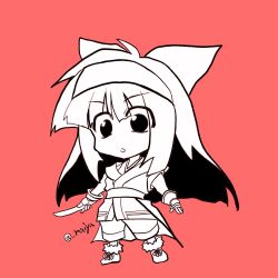 Rule 34 | 1girl, ainu clothes, black eyes, boots, breasts, chibi, fighting stance, fingerless gloves, gloves, hair ribbon, highres, legs, long hair, monochrome, nakoruru, open mouth, pants, ribbon, samurai spirits, small breasts, snk, solo, the king of fighters, the king of fighters xv, thighs, weapon