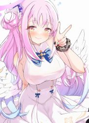 Rule 34 | 1girl, angel wings, arms behind back, blue archive, blush, bracelet, breasts, closed mouth, dress, flower, hair bun, hair flower, hair ornament, halo, hands up, hato haru, highres, jewelry, large breasts, long hair, looking at viewer, mika (blue archive), pink hair, ribbon, side bun, simple background, single side bun, sitting, smile, v, white background, white dress, wings, yellow eyes
