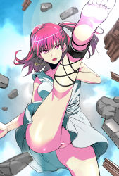 Rule 34 | 1girl, akechi shizuku, ankle lace-up, barefoot, censored, cross-laced footwear, feet, highres, jewelry, kicking, magi the labyrinth of magic, morgiana, no panties, pendant, pointless censoring, pussy, red eyes, red hair, short hair, side ponytail, soles, solo, toes