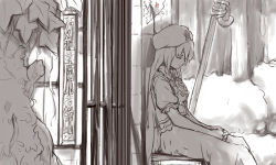 Rule 34 | 1girl, bad id, bad pixiv id, female focus, frilled sleeves, frills, gate, greyscale, hat, hong meiling, long hair, monochrome, nature, own hands together, shibasaki shouji, short sleeves, sitting, sketch, skirt, sleeping, solo, spot color, touhou, very long hair, wall