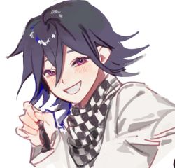 Rule 34 | 1boy, bad id, bad twitter id, blush, checkered clothes, checkered scarf, chess piece, danganronpa (series), danganronpa v3: killing harmony, grey jacket, grin, hand up, holding, jacket, long sleeves, looking at viewer, male focus, oma kokichi, scarf, short hair, simple background, sketch, smile, solo, teeth, upper body, white background, yp (pypy 5 )