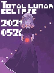 Rule 34 | 1girl, blonde hair, blue eyes, buttons, closed mouth, collared dress, commentary request, dress, eclipse, english text, feet out of frame, frilled dress, frills, hat, jpeg artifacts, looking at viewer, maribel hearn, medium hair, mob cap, moon, moon phases, nama udon, one eye closed, puffy short sleeves, puffy sleeves, purple dress, purple hair, purple theme, red moon, short sleeves, smile, split mouth, standing, straight-on, touhou, white headwear
