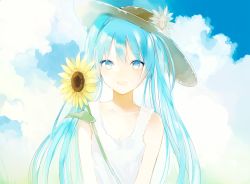 Rule 34 | 1girl, blue eyes, blue hair, cloud, flower, gradient background, hat, hatsune miku, long hair, lpip, matching hair/eyes, solo, sun hat, sunflower, twintails, vocaloid