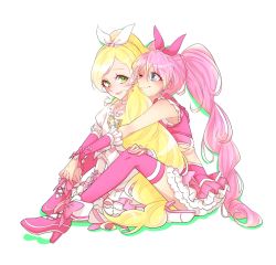 Rule 34 | 10s, 2girls, blonde hair, blue eyes, blush, bow, chabame, choker, couple, cure melody, cure rhythm, green eyes, hand on own knee, high heels, holding, houjou hibiki, hug, hug from behind, long hair, minamino kanade, multiple girls, one eye closed, pink bow, pink hair, ponytail, precure, shoes, simple background, sitting, sleeveless, smile, suite precure, thighhighs, twintails, white background, white choker, wink, yuri