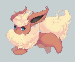 Rule 34 | :3, animal focus, blonde hair, blue background, blue eyes, blush, closed mouth, creatures (company), flareon, fluffy, from side, full body, fur collar, game freak, gen 1 pokemon, happy, highres, light blush, looking at viewer, merino (merino 9999), nintendo, no humans, pokemon, pokemon (creature), running, short hair, simple background, smile, solo
