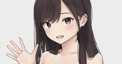 Rule 34 | 1girl, akipeko, bare shoulders, blush, brown eyes, brown hair, open mouth, out-of-frame censoring, smile, solo, waving