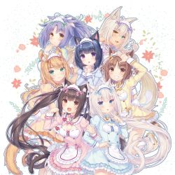 Rule 34 | 6+girls, :3, :d, animal ear fluff, animal ears, apron, arm behind head, arm up, azuki (nekopara), back bow, bell, black hair, blonde hair, blue bow, blue eyes, blunt bangs, blush, bow, bow choker, bowtie, breasts, brown eyes, brown hair, cat ears, cat girl, cat tail, chocola (nekopara), choker, cinnamon (nekopara), cleavage, cleavage cutout, clenched hand, clothing cutout, coconut (nekopara), dress, eyes visible through hair, fake animal ears, fang, finger to face, frilled apron, frills, green bow, green eyes, grin, hair between eyes, hair ribbon, hand up, heterochromia, highres, holding another&#039;s arm, index finger raised, jingle bell, juliet sleeves, long hair, long sleeves, looking at viewer, low twintails, maid headdress, maple (nekopara), matching outfits, medium hair, minazuki shigure, multiple girls, name tag, neck bell, nekopara, official art, open mouth, orange bow, outline, own hands clasped, own hands together, paw pose, photoshop (medium), pink bow, ponytail, puffy sleeves, purple bow, purple eyes, purple hair, ribbon, ribbon-trimmed clothes, ribbon trim, sayori (neko works), short dress, short hair, slit pupils, small breasts, smile, strappy heels, tail, transparent background, twintails, vanilla (nekopara), very long hair, waist apron, waving, white hair, white ribbon, yellow bow, yellow eyes