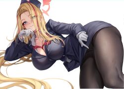 Rule 34 | 1girl, black hat, black pantyhose, black skirt, blonde hair, blue archive, blue eyes, breasts, cleavage, closed mouth, collared shirt, fang, feet out of frame, gloves, halo, hat, large breasts, long hair, long sleeves, looking at viewer, multicolored hair, official alternate costume, pantyhose, pina (blue archive), pina (guide) (blue archive), pink halo, red hair, shirt, simple background, skin fang, skirt, smile, solo, stone (ksorede), streaked hair, tour guide, white background, white gloves, white shirt