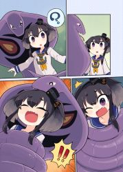 Rule 34 | !, !!, 1girl, :o, ?, arbok, black hair, blue sailor collar, blush, closed eyes, comic, commission, constriction, creatures (company), dress, fang, forked tongue, game freak, gen 1 pokemon, grey hair, ino (tellu0120), kantai collection, multicolored hair, neckerchief, nintendo, one eye closed, open mouth, parted lips, pokemon, pokemon (creature), purple eyes, sailor collar, sailor dress, short hair with long locks, skeb commission, spoken exclamation mark, spoken question mark, tears, tokitsukaze (kancolle), tongue, white dress, yellow neckerchief