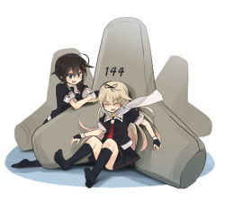 Rule 34 | 10s, 2girls, ahoge, annin musou, bad id, bad pixiv id, blonde hair, bow, braid, brown hair, closed eyes, crossed arms, fang, fingerless gloves, gloves, green eyes, hair bow, hair flaps, hair ornament, kantai collection, leaning on object, long hair, multiple girls, neckerchief, open mouth, red neckerchief, scarf, school uniform, serafuku, shadow, shigure (kancolle), shorts, sitting, skirt, smile, socks, tetrapod, white background, yuudachi (kancolle)